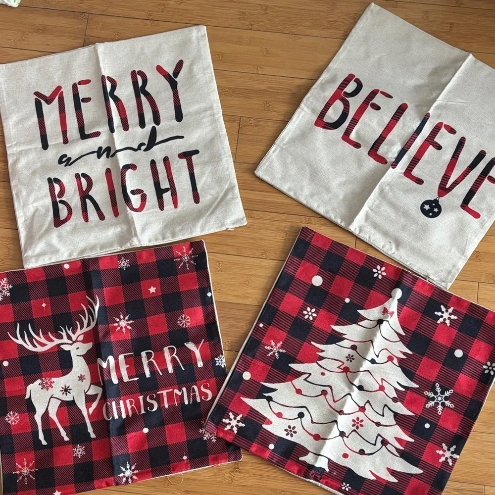 Festive Holiday Pillow Covers Set - Red and Black Plaid